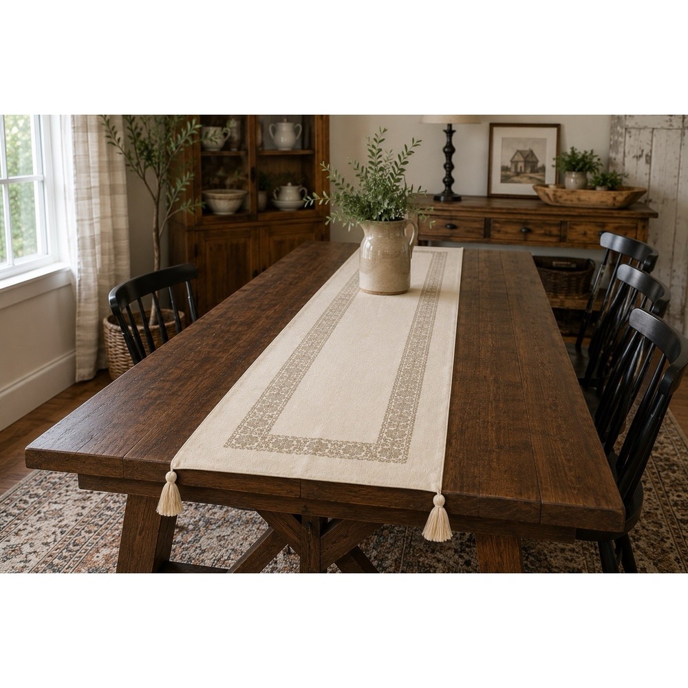 Rachel Ashwell "The Farmhouse" Extra Long Table Runner Gray & Cream Tassels AB29